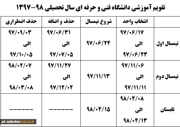 تقویم آموزشی دانشگاه فنی و حرفه ای سال تحصیلی 98-1397