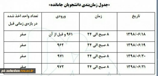 جدول زمانبندی  انتخاب واحد دانشجویان جامانده 2