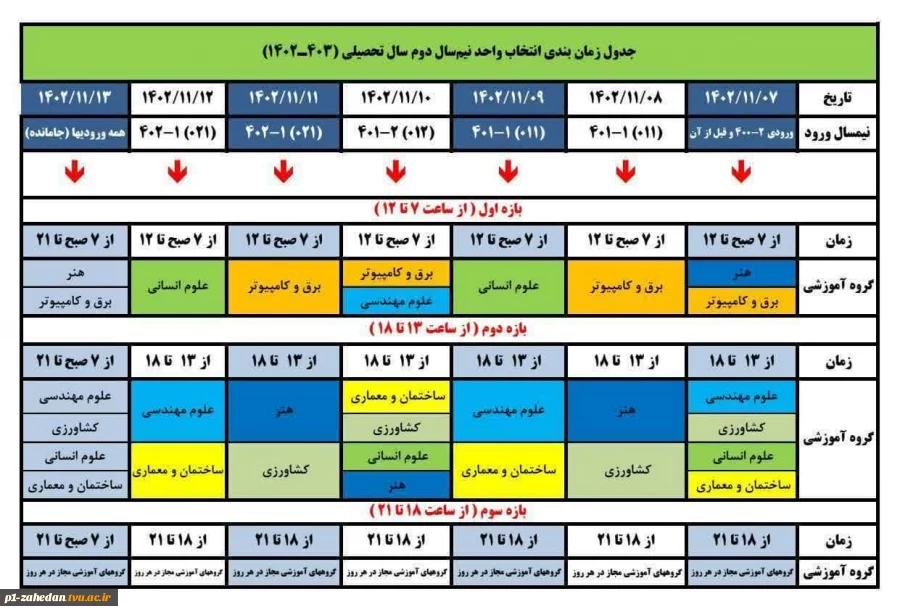((جدول انتخاب واحد نیمسال دوم))

 ضمنا دانشجویان ترم اول توسط واحد دانشگاهی انتخاب واحد می شوند 2